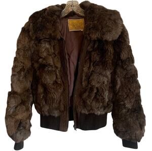 VTG Dino Ricco Womens Sz Medium Rabbit Fur Bomber Jacket Collared Brown Coat
